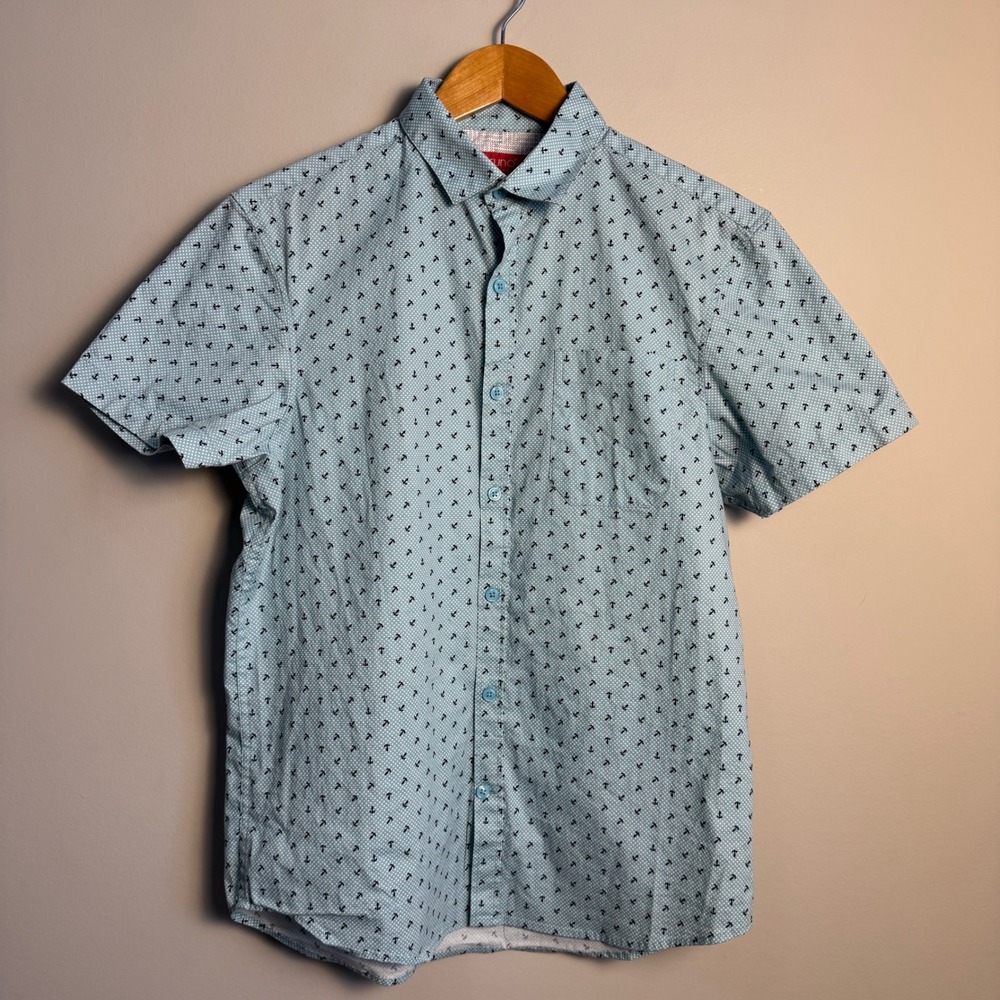 Bruno Milano Men's Small Light Blue Anchor Print Short‎ Sleeve Button Up Shirt